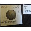 Image 1 : One 1939 Canadian 80% silver 25 cent coin, circulated, ungraded.