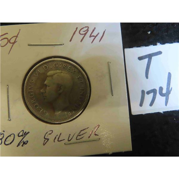 One 1941 Canadian 80% silver 25 cent coin, circulated, ungraded, die rotation 15-20 degrees