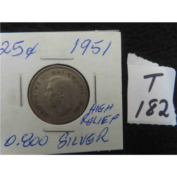 One 1951 Canadian 80% silver 25 cent coin, circulated, ungraded, high relief