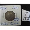 Image 1 : One 1951 Canadian 80% silver 25 cent coin, circulated, ungraded, high relief