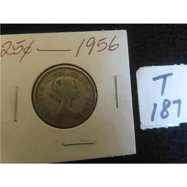 One 1956 Canadian 80% silver 25 cent coin, circulated, ungraded.