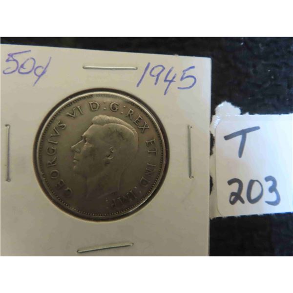 One 1945 Canadian 80% silver 50 cent coin, circulated ungraded. 