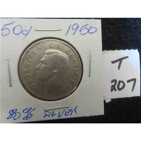 One 1950 Canadian 80% silver 50 cent coin, circulated ungraded. 