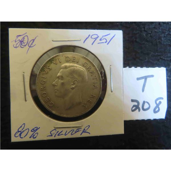 One 1951 Canadian 80% silver 50 cent coin, circulated ungraded. 