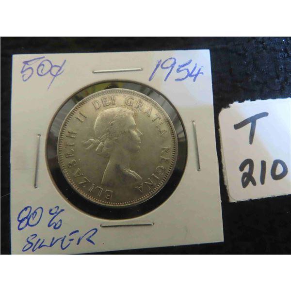 One 1954 Canadian 80% silver 50 cent coin, circulated ungraded. 