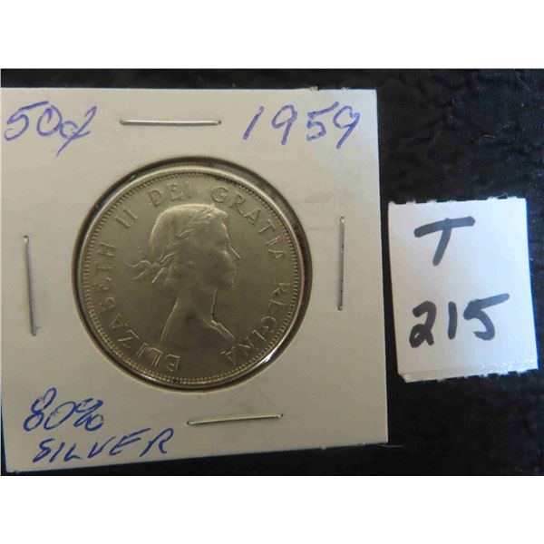 One 1959 Canadian 80% silver 50 cent coin, circulated ungraded. Nice coin