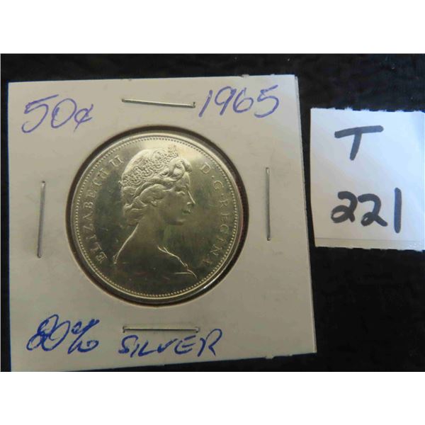 One 1965 Canadian 80% silver 50 cent coin, circulated ungraded. Nice coin 