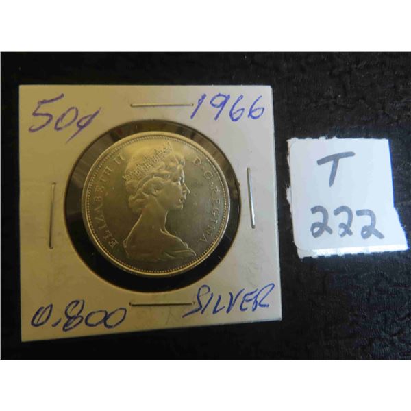 One 1966 Canadian 80% silver 50 cent coin, circulated ungraded. Nice coin