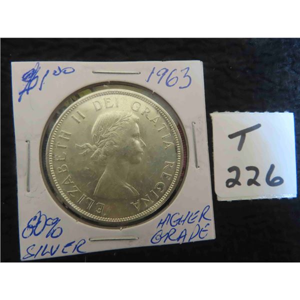 One 1963 Canadian 80% Canadian dollar coin, uncirculated, ungraded, very nice coin