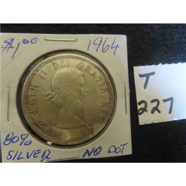 One 1964 No Dot Canadian 80% Canadian dollar coin, uncirculated, ungraded, 