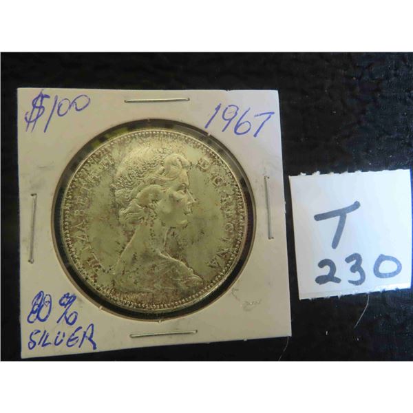 One 1967 Canadian 80% Canadian dollar coin, uncirculated, ungraded, 