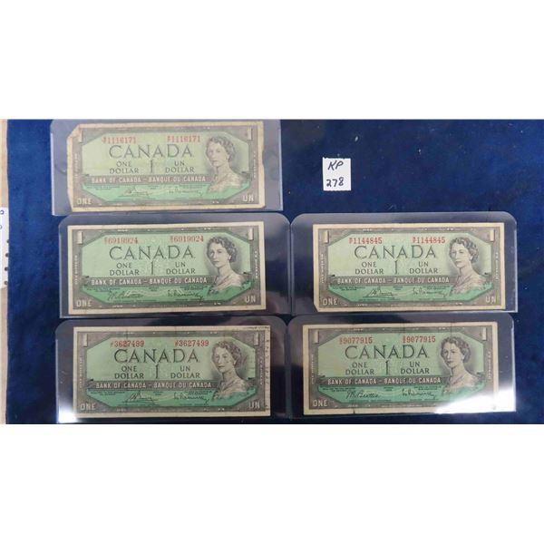 (5) 1954 Canada $1 Bills