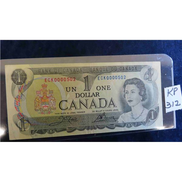 1973 Canada $1 Bill Very Low Serial Number 0000502