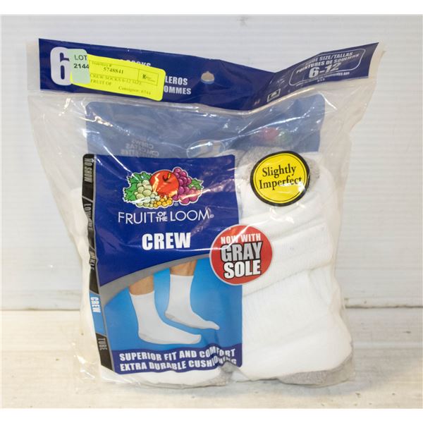 WHITE CREW SOCKS 6-12 SIZE 6-PACK FRUIT OF