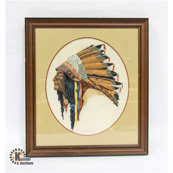 VINTAGE WOODEN FRAMED INDIGENOUS CHIEF