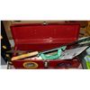 Image 1 : RED TOOL BOX SAWS SQUARE AND MISC