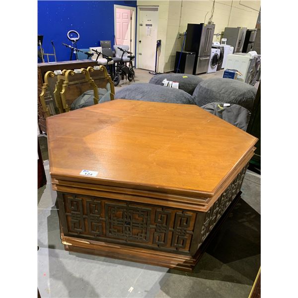 LARGE HEXAGONAL TABLE WITH CARVED SIDE, "SECRET" MECHANISM & CUSHION CONTENTS 67" X 30" (SOME