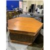 Image 1 : LARGE HEXAGONAL TABLE WITH CARVED SIDE, "SECRET" MECHANISM & CUSHION CONTENTS 67" X 30" (SOME
