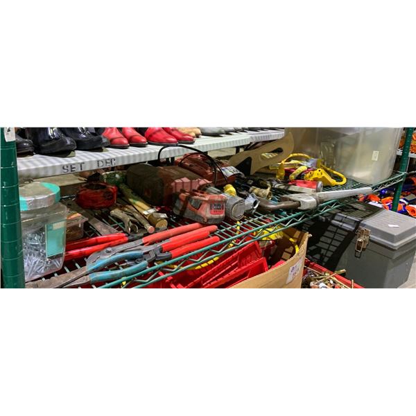 ASSORTED TOOLS INCLUDING; PIPE WRENCH, WELDING MASK, TIN SNIPS & MORE