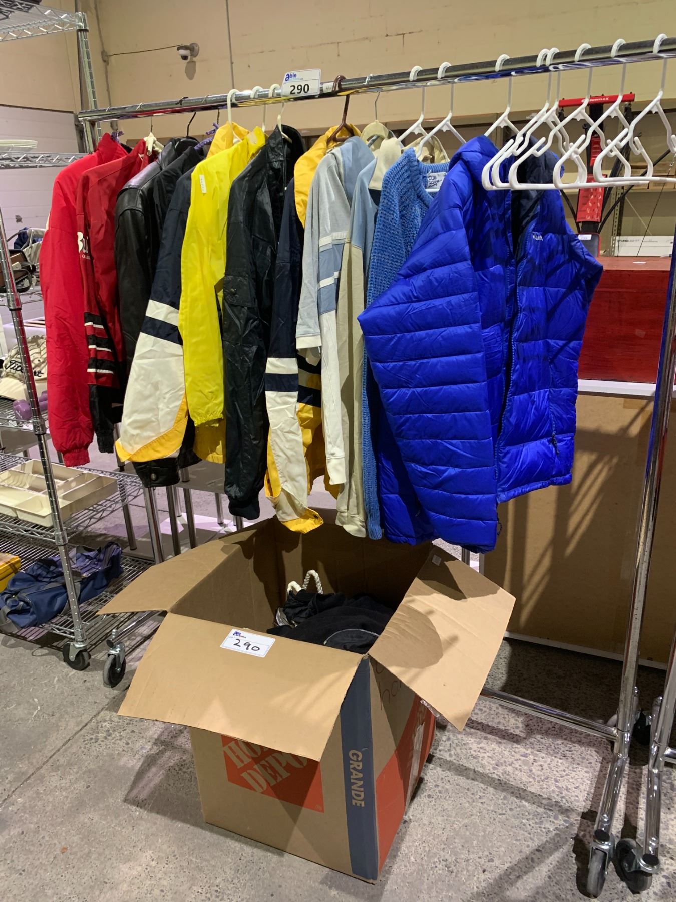 RACK & BOX OF ASSORTED CLOTHING (RACK NOT INCLUDED) - Able Auctions
