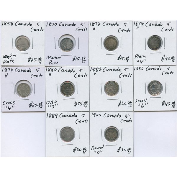 1858 - 1900 Five Cents - Lot of 10