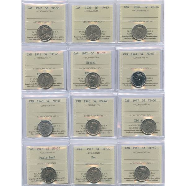 Canadian Five Cents - ICCS Graded Lot of 16