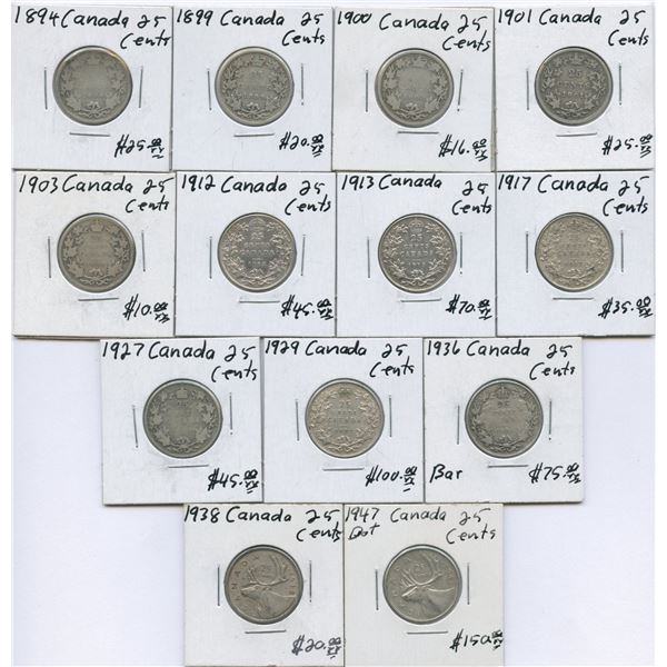 1894 - 1947dot Twenty-Five Cents - Lot of 13
