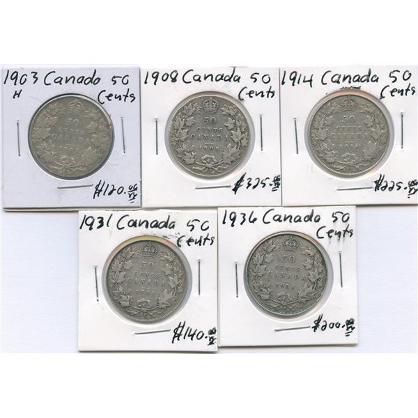 1903H - 1936 Fifty Cents - Lot of 5