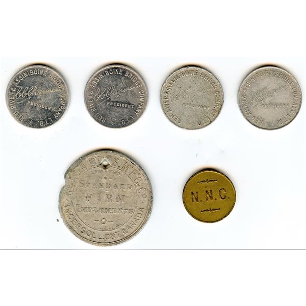 Lot of six Manitoba and Ontario tokens.