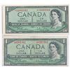 Image 1 : Bank of Canada $1, 1954 - Lot of 2 Cut out of register errors
