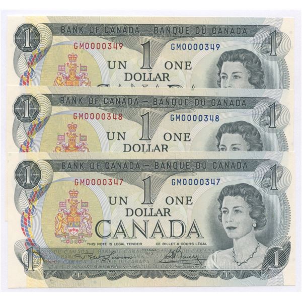 Bank of Canada $1, 1973 - 3 consecutive low serial numbers