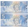 Image 1 : Bank of Canada $5, 2002 - Lot of 2 three digit radars
