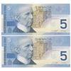 Image 2 : Bank of Canada $5, 2002 - Lot of 2 three digit radars