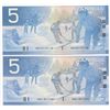 Image 1 : Bank of Canada $5, 2002 - Lot of 2 three digit radars