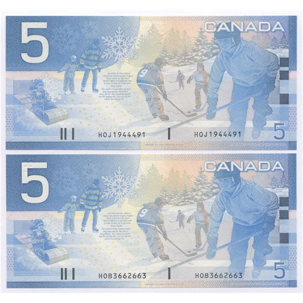 Bank of Canada $5, 2002 - Lot of 2 three digit radars