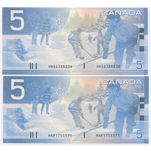 Bank of Canada $5, 2002 - Lot of 2 three digit radars