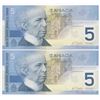 Image 2 : Bank of Canada $5, 2002 - Lot of 2 three digit radars