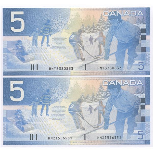 Bank of Canada $5, 2002 - Lot of 2 three digit radars