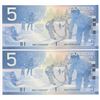 Image 1 : Bank of Canada $5, 2002 - Lot of 2 three digit radars