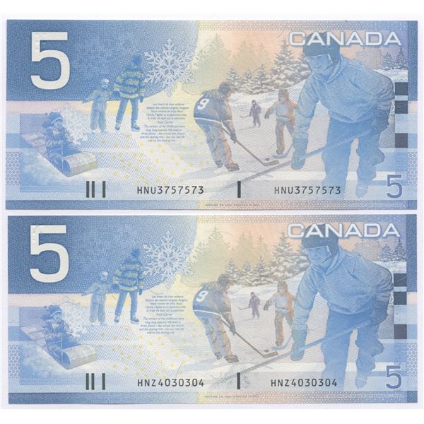 Bank of Canada $5, 2002 - Lot of 2 three digit radars