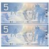 Image 1 : Bank of Canada $5, 2002 - Lot of 2 three digit radars