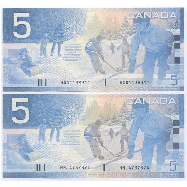 Bank of Canada $5, 2002 - Lot of 2 three & four digit radars
