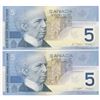 Image 2 : Bank of Canada $5, 2002 - Lot of 2 three & four digit radars