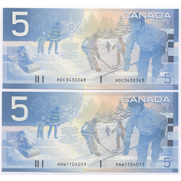 Bank of Canada $5, 2002 - Lot of 2 four digit radars