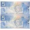 Image 1 : Bank of Canada $5, 2002 - Lot of 2 four digit radars