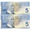 Image 2 : Bank of Canada $5, 2002 - Lot of 2 four digit radars
