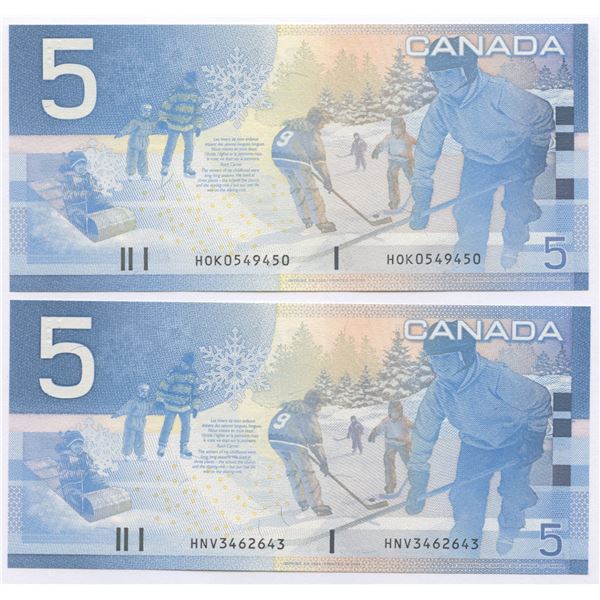 Bank of Canada $5, 2002 - Lot of 2 four digit radars