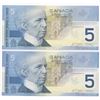 Image 2 : Bank of Canada $5, 2002 - Lot of 2 four digit radars