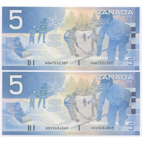 Bank of Canada $5, 2002 - Lot of 2 four digit radars