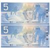 Image 1 : Bank of Canada $5, 2002 - Lot of 2 four digit radars